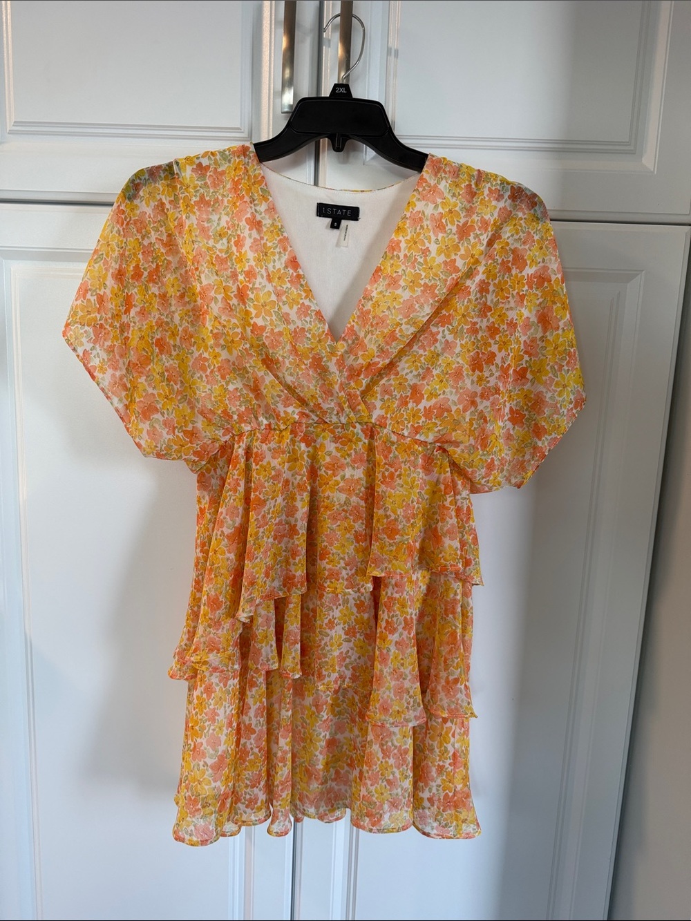 1.STATE Coral and Yellow Floral V-Neck Tiered Mini Dress
